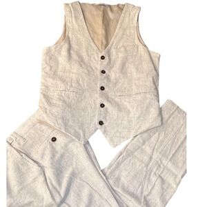 Wehilion Vest Pant Suit Set Men XS Beige Linen Look Summer Beach Formal Rustic